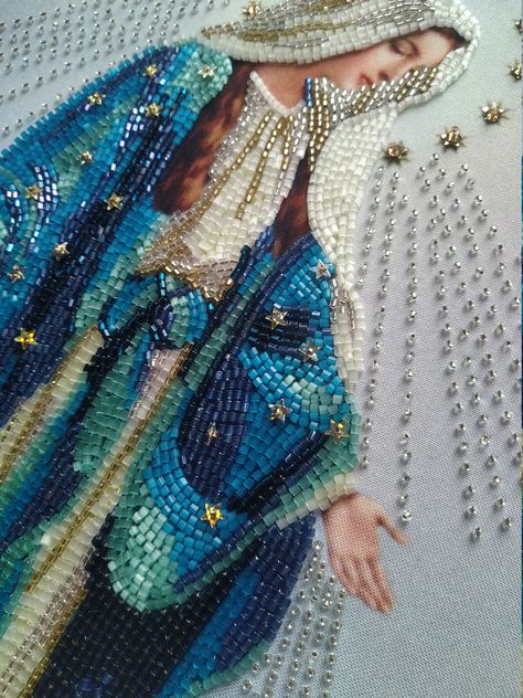 "Exquisite bead embroidery kits Holy Virgin Mary, christian embroidery kit, needlework kit, hand embroidery, gift idea, Orthodox icon, beading pattern from Ukraine. It's very extremely bright and beautiful. The Natural satin canvas used in these kits is designed to bear the weight of the beads and will keep its shape over time. Will be an excellent gift for any occasion. Your Bead Embroidery kits \"Icon Blessed Virgin Mary\" include design printed in full color on durable natural satin canvas, g Beaded Pictures On Canvas, Bead Embroidery Art, Bead Embroidery Ideas, Bead Art On Canvas, Virgin Mary Embroidery, Mary Embroidery, Embroidery Christian, Bead Work Embroidery, Beaded Canvas