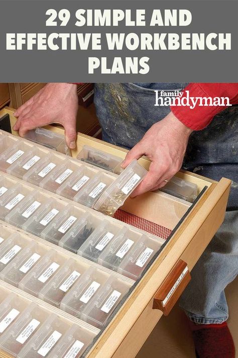 Diy Workbench Plans How To Build, Workbench Tool Organization, Diy Shed Workbench, Workbench Add Ons, Workbench With Shelves, Garage Workbench Storage, Workshop Drawer Organization, How To Make A Workbench, Under Workbench Storage