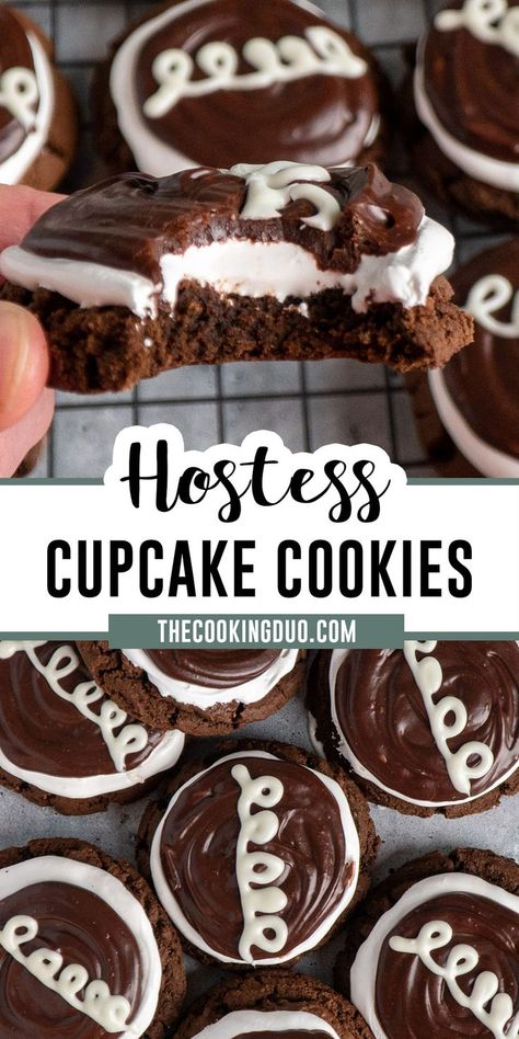 A hand holding a hostess cupcake cookie with a bite taken out of it. Buttery Ganache Cookie Cups, Chocolate Cupcake Cookies, Hostess Cupcake Cookies, Gourmet Cookies Recipes Awesome, Deep Dish Cookies Recipe, Cookie Contest Winner Recipe, Hostess Cookies, America Desserts, Hostess Cupcake Cake