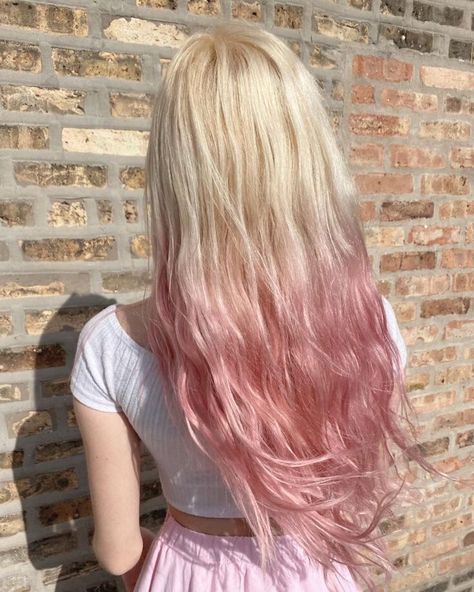 Pink Hair On The Ends, Pink And Blonde Hair Ombre, Blonde Hair Ends Dyed, Blonde And Pink Hair Aesthetic, Ombre On Blonde Hair, Blonde Hair Pink Ends, Pink Ends Hair Blonde, Blonde Hair With Pink Ends, Pink Hair Ends