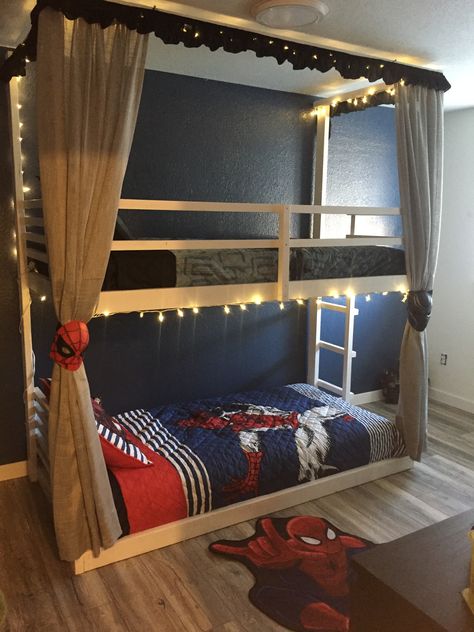 Completed our boys bedroom,   Spiderman fan at the bottom and a black panther fan at the top! Spiderman Bunk Bed, Bedroom Bunk Bed, Boys Superhero Bedroom, Superhero Bedroom, Superhero Room, Boys Bedroom, Boy's Bedroom, Bunk Bed, Black Panther