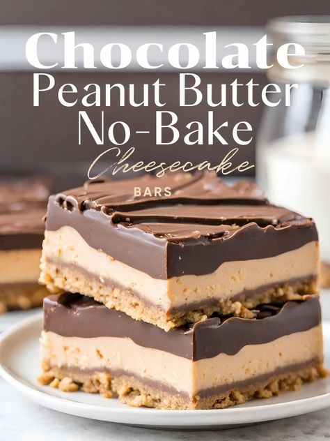 Ingredients: Crust: 2 cups crushed graham crackers 1/2 cup melted butter Peanut Butter Layer: 8 oz. cream cheese, room temperature Chocolate Peanut Butter Cheesecake Bars, Peanut Butter Cheesecake Bars, Cracker Dessert, Chocolate Peanut Butter Cheesecake, Peanut Butter No Bake, Peanut Butter Cheesecake, Baked Cheese, Bake Cheesecake, No Bake Bars