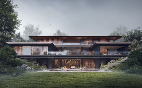 Behance の Luxury villa with golf course Japanese Inspired Home, Contemporary House Exterior, Revit Architecture, House In Nature, Modern Style Homes, House Outside Design, Luxury Homes Dream Houses, Architecture Visualization, Hotels Design