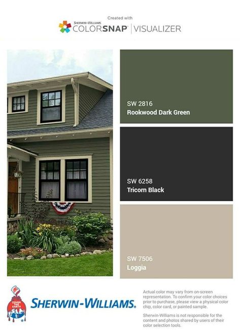 Olive Grove Sherwin Williams Exterior, Cream House Trim Color Ideas, Front Porch Ideas Door On Left, Popular Green Exterior Paint Colors, Green Cottage Exterior Paint, Dark Green Bungalow Exterior, Dark Green And Brown House Exterior, Sage Green Exterior House Colors Ranch, Light Green House Exterior Dark Trim