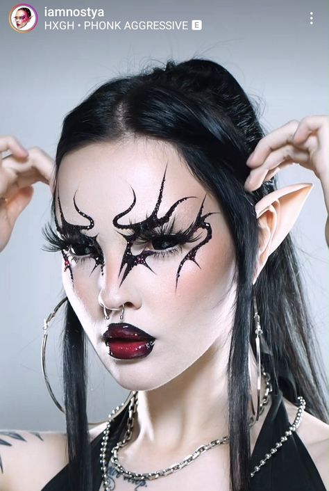 Gothic Elf Makeup, Goth Makeup Extreme, Dark Drag Makeup, Witches Make Up, Cybersigilism Makeup, Gothic Glam Makeup, Assassin Makeup, Black Heart Makeup, Goth Drag Makeup