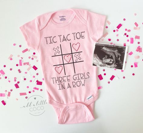 Baby Three Announcement, Gender Reveal Onesie, Third Pregnancy Announcement, 3rd Baby Announcement, Funny Baby Shower Gifts, Baby Shower Shirts, Baby Shower Announcement, Gender Announcements, Its A Girl Announcement