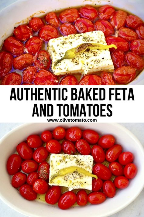 Authentic Baked Feta and Tomatoes Mediterain Diet, Greek Baked Feta, Baked Feta With Tomatoes, Feta With Tomatoes, Baked Feta Recipe, Tomato Bake, Olive Tomato, Greek Kitchen, Tomatoes And Feta