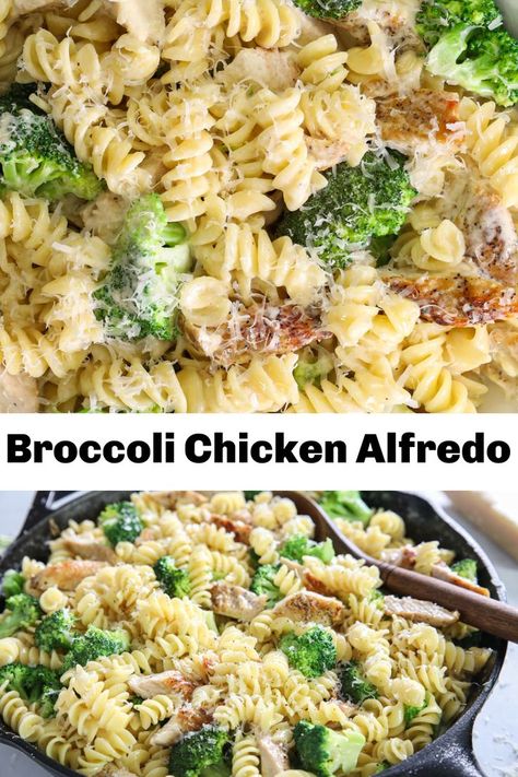 close up image of chicken broccoli alfredo pasta in a cast iron skillet Creamy Chicken And Broccoli Crockpot, Brocolli Chicken Alfredo Pasta, Chicken Alfredo Pasta Salad, Healthy Chicken Broccoli Pasta Casserole, Pasta Alfredo With Broccoli, One Pan Chicken Broccoli Pasta, Pasta Recipe With Broccoli, Healthy Chicken And Broccoli Pasta, Alfredo And Broccoli Pasta