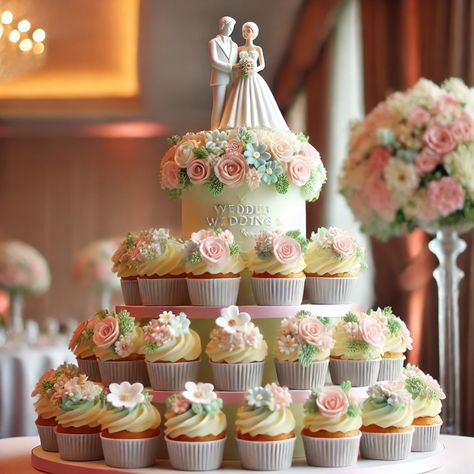 Images of Cupcake Cake Wedding Cake Cupcake Cake Wedding, Wedding Cupcake Cake, Wedding Cake With Cupcakes, Cupcake Wedding Cake, Cake With Cupcakes, Tiered Display, Cupcake Wedding, Coloured Icing, Cupcake Images