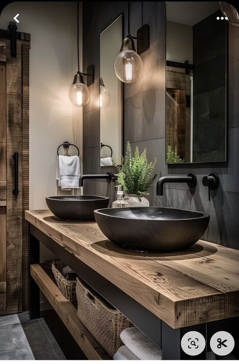 Dark Interior Design Bathroom, Mountain Modern Half Bath, Boho Dark Bathroom, Mountain Home Bathrooms, Two Sinks Bathroom Ideas, Bathroom Cabinet Ideas Diy, Black Bathroom Inspiration, Two Person Bathroom, Bathroom Sink Ideas Modern