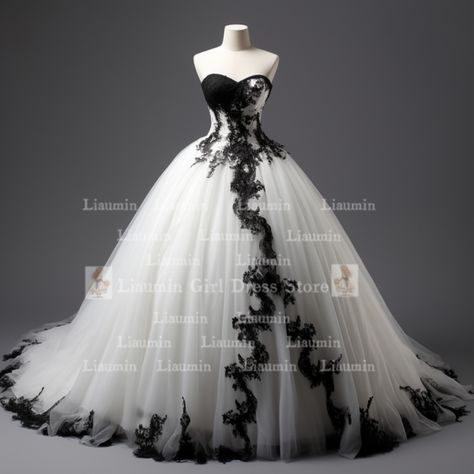 Black And White Wedding Dress Elegant, Romantic Gothic Wedding Dress, White And Blue Wedding Dress, White Goth Dress, Black And White Wedding Dress, Black White Wedding Dress, Black Bridal Dresses, Goth Wedding Dresses, Black Wedding Gowns