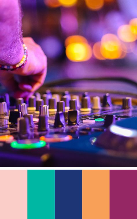 Party time! Lights and DJ make a fun and fresh color palette. Festive Colour Palette Indian, Music Colour Palette, 90s Hip Hop Color Palette, Musical Color Palette, Music Festival Color Palette, Festival Colour Palette, Music Color Palette, Jazz Colors, Brand Colours