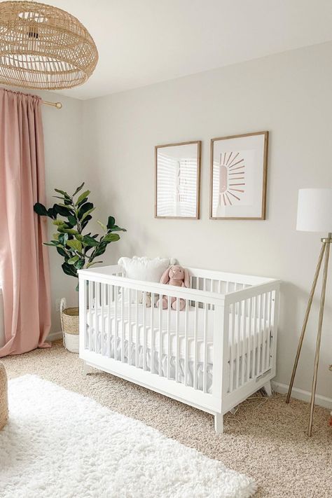 Dusty Pink Nursery Decor, Circular Rug Nursery, Minimal Floral Nursery, Neutral Nursery Pink Accents, Blush Neutral Nursery, Fall Decor On A Budget Living Room, Organizing Baby Blankets, Neutral Nursery With Pink Accents, Tan And Pink Nursery