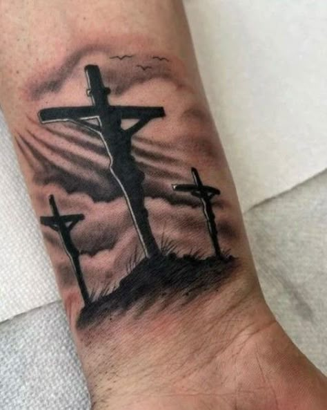 Crusafix Tattoo, Three Crosses Tattoo For Men, Jesus Tattoo Men, 3 Cross Tattoos For Men, Cross Tattoos Men, 3 Crosses Tattoo Men, Cross Tattoos On Wrist, Three Crosses Tattoo Design, Jesus Cross Tattoo