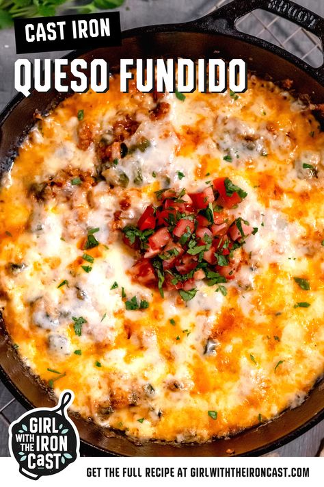 This cast iron skillet queso fundido with Oaxaca cheese, Monterey Jack, roasted poblano pepper, and Mexican chorizo, is the ultimate party dip. This easy queso fundido recipe only has 4 ingredients, but is packed full of flavor. Skillet Queso, Queso Fundido Recipe, Fundido Recipe, Easy Queso, Fiesta Dip, Poblano Pepper, Roasted Poblano Peppers, Mexican Chorizo, Roasted Poblano