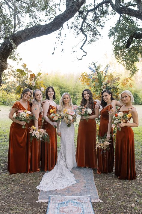 Burnt Orange Bridesmaid Dresses Velvet, Dark Burnt Orange Bridesmaid Dresses, Burnt Orange Bridesmaid Dresses Fall, Velvet Rust Bridesmaid Dresses, Burnt Orange Velvet Bridesmaid Dresses, 70s Inspired Bridesmaid Dresses, Rust Velvet Bridesmaid Dresses, Disco Bridesmaid Dresses, Dark Orange Bridesmaid Dresses