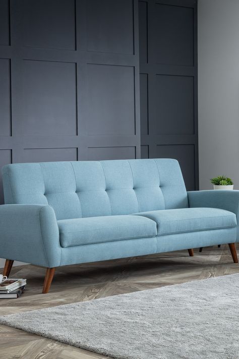 The Monza Three-Seater Sofa is compact and stylish. Wipe clean only. Sofa 3 Seater Living Room, Bright Blue Sofa, Sofa Design Living Rooms Indian Modern, Three Seater Sofa Living Rooms, Three Seater Sofa Design, Baby Blue Sofa, 3seater Sofa, Sofa Design Living Rooms Indian, Small Sitting Rooms