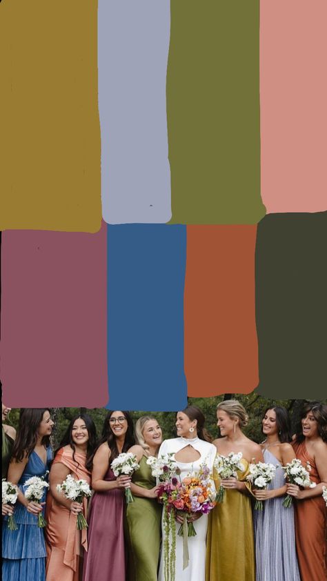 Muted Colorful Bridesmaids, Colorful Jewel Tone Wedding, Neutral Colorful Wedding, Vintage Wedding Aesthetic Colors, Multicolored Bridesmaids Dresses With Groomsmen, Fun Wedding Palette, Eclectic Wedding Colors, Fun Fall Wedding Colors, Bold Color Bridesmaid Dresses