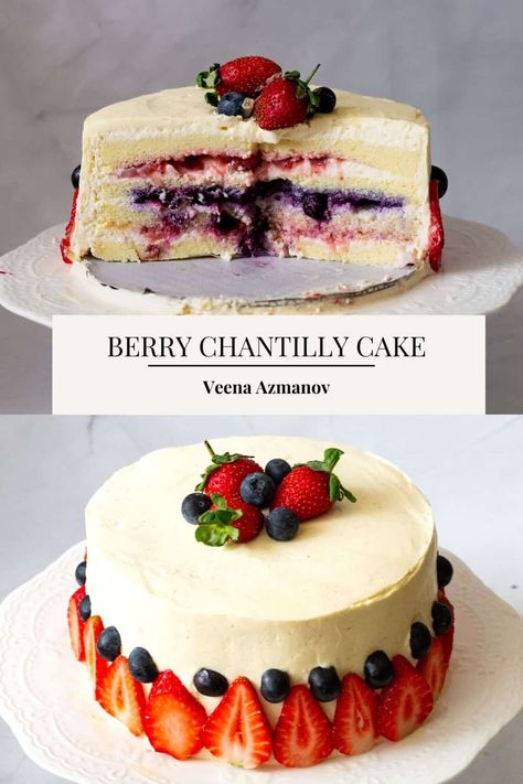 This berry Chantilly cake topped with Chantilly cream is a must-try. Sweet blueberry and strawberry fillings are sandwiched between two layers of light and airy sponge cakes topped with an irresistible Mascarpone Chantilly cream. This mouthwatering cake is sure to become a staple in your dessert recipes. Plus, it's much easier to make than it looks. Chantilly Frosting, Blueberry And Strawberry, Berry Chantilly Cake, Chantilly Cake, Sponge Cakes, Impressive Desserts, Mascarpone Cream, Chantilly Cream, Strawberry Filling