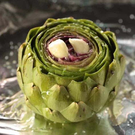 How to Roast Whole Artichokes - Pinch My Salt Oven Baked Artichoke, How To Cook Artichoke In Oven, Light Dishes, Roasted Artichokes, Oven Ideas, Vegetarian Eating, Veggie Dinners, Baked Artichoke, Roasted Artichoke