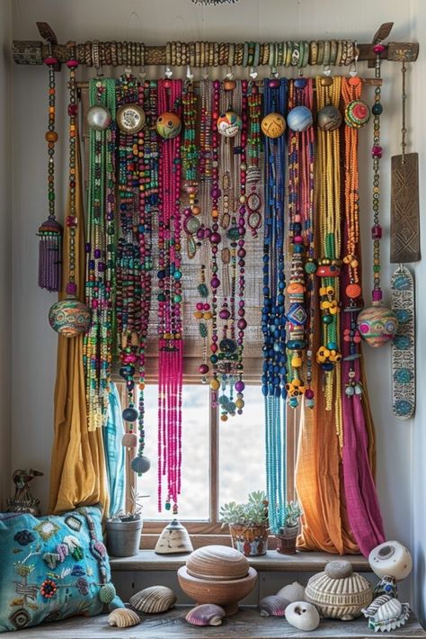 Glass Beaded Curtain, Front Window Curtains, Ceramic Curtain, Boho Window Treatments, Rag Curtains, Beaded Curtains Doorway, Magical Menagerie, Maximalism Decor, Boho Window