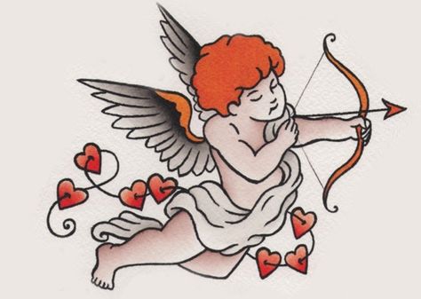 Oliver peck flash 2 Cupid Tattoo Old School, American Traditional Cherub, Cupid Tattoo Traditional, American Traditional Angel Tattoo, Oliver Peck, Valentines Flash, Cupid Drawing, Cupid Tattoo, Cherub Tattoo