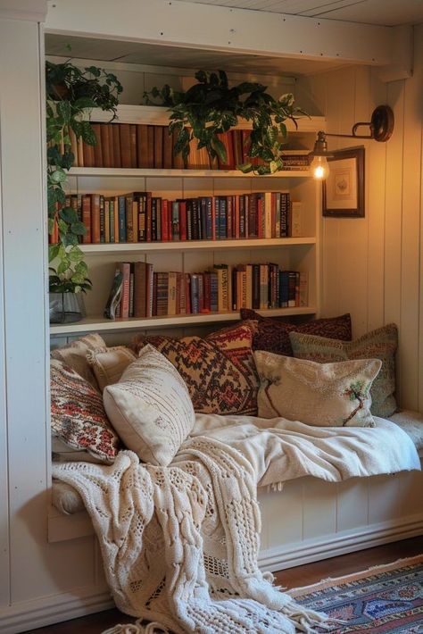 Reading Nook In Closet Space, Library Tea Room, Mini House Library, Book Corner Living Room Cozy Nook, Cute Home Library Ideas, Lighting For Bookshelves, Small Living Room Ideas Bookshelves, Comfy Library Room, Small Library Room Ideas Cozy