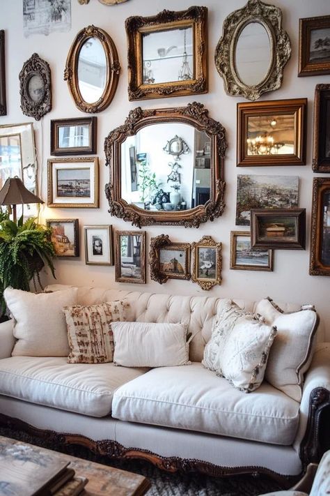 "Create depth and light with a stunning DIY Mirror Gallery Wall! 🖼️✨ #DIYHomeProjects #MirrorDecor #HomeInspiration" Many Mirrors On Wall, Old Fashioned Gallery Wall, Hanging A Mirror On A Wall Tips, Wall Of Gold Mirrors, Mixed Frame Photo Wall, Gallery Wall Round Mirror, Vintage Picture Frame Wall Collage, Old Style Mirror, Gallery Mirror Wall