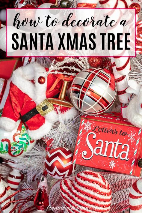 With red and white ribbon, Santa ornaments and picks and a Santa hat tree topper, this Santa Christmas tree theme is a fun and festive way to decorate for Christmas. Santa Clause Tree Theme, Santa Inspired Christmas Tree, Red And White Santa Christmas Tree, Santa Hat Tree Topper Ideas, Diy Santa Tree Topper, Santa Clause Tree, Santa Clause Christmas Tree Ideas, Santa Themed Christmas Tree Ideas, Santa Christmas Tree Ideas