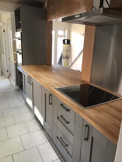 Grey Kitchen Cupboards Wooden Worktop, Oak Kitchen Worktop Ideas, Grey Kitchen With Wooden Worktop, Serving Hatch Ideas, Cupboards Colours, Grey And Wood Kitchen, Black Shaker Kitchen, Serving Hatch, Kitchen Cupboard Colours