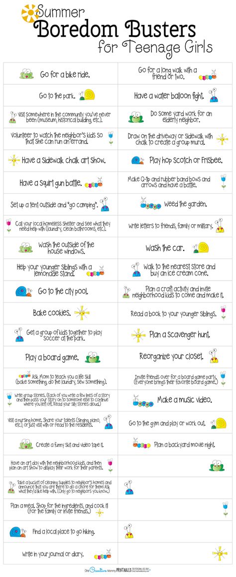 Free Printable Summer Boredom Buster Ideas and Activities for Teenage Girls {OneCreativeMommy.com} Most will work for tweens, too! (41+ ideas ready to print!) Summer Boredom Busters, Summer Boredom, Bored Jar, What To Do When Bored, Teen Summer, Things To Do When Bored, Boredom Busters, Games For Teens, Backyard Games