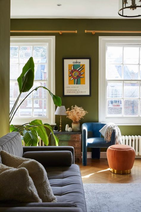 Living Room Ideas Olive Green, Olive Green Rooms, Olive Living Rooms, Olive Green Bedrooms, Blue And Green Living Room, Green Walls Living Room, Green Living Room Decor, Olive Green Walls, Green Lounge