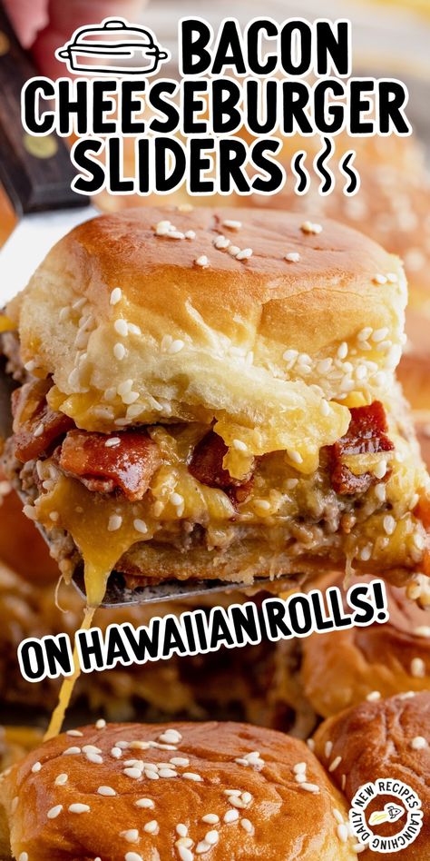 Mini sweet buns topped with seasoned beef, crisp bacon, and gooey cheese make these bacon cheeseburger sliders a winner for dinner or a party. Bacon Cheeseburger Sliders, Sliders On Hawaiian Rolls, Sliders Recipes Hawaiian Rolls, Easy Slider Recipes, Slider Sandwiches, Cheeseburger Sliders, Beef Sliders, Hawaiian Sweet Rolls, Burger Sliders