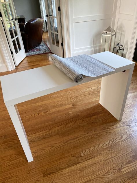 IKEA Hack – Grasscloth Covered Malm Dressing Table Malm Table Hack, Grasscloth Covered Furniture Diy, Diy Tile Entry Table, Ikea Entryway Table Hack, Ikea Malm Dressing Table Makeover, Diy Grasscloth Furniture, Diy Grasscloth Console Table, Ikea Malm Dressing Table Hack, Ikea Dressing Table Hack