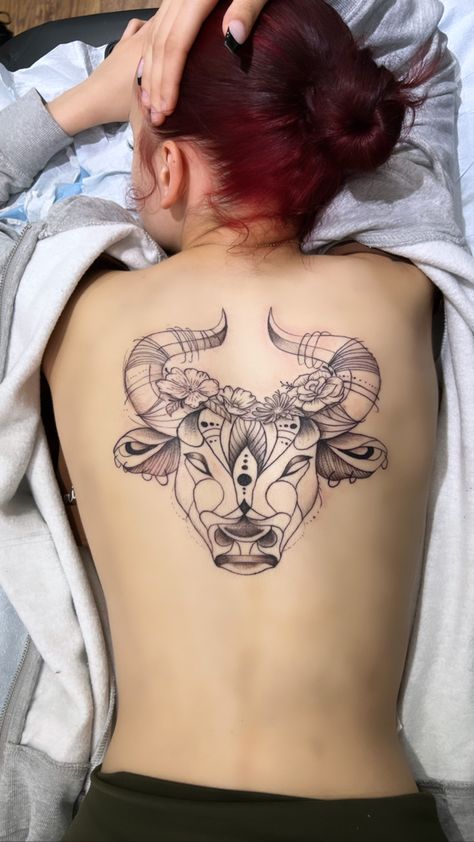 Taurus The Bull Tattoo, Taurus Back Tattoo, Bull Tattoo Feminine, Tattoo Taurus, Taurus Bull Tattoos, Abdomen Tattoo, Bull Tattoo, Taurus Tattoo, Favorite Tattoos