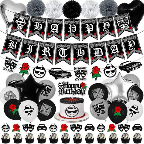 PRICES MAY VARY. Package Include -- The cholo party decoration pack including 1 black HAPPY BIRTHDAY banner, 1 cholo themed garland, 24 cholo latex balloons (6 style), 2 star-shaped foil balloons, 2 heart-shaped foil balloons, 1 cake topper, 12 cupcake toppers, 8 paper pompoms (3 style). Upgraded Felt Material -- The cholo themed HAPPY BIRTHDAY banner, garland, cake topper set is made of high quality felt material, durable, colorful, eco-friendly, odorless and reusable. Cholo Themed Design -- Th Low Rider Party Theme, 2pac Birthday Party Ideas, Lowrider Birthday Theme, Chola Birthday Party Ideas, Cholo Birthday Party, Cholo Theme Party Birthday, Lowrider Theme Party, Chola Party Theme Ideas, Cholo Party Theme Ideas