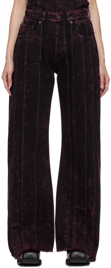 Find Acne Studios Burgundy Loose Fit Jeans on Editorialist. Wide-leg garment-dyed non-stretch denim jeans. Bleached effect and frayed edges throughout. · Paneled construction · Belt loops · Five-pocket styling · Button-fly · Contrast stitching in white Supplier color: Black/Wine red Bleached Jeans Design, Bleach Dyed Jeans, Bleach Pants, Funky Jeans, Dyed Jeans, Bleaching Clothes, Denim Washes, Unique Jeans, Distressed Pants