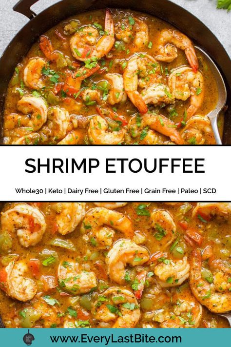 This Paleo Shrimp Etouffee is a healthy spin on the flavour packed Cajun dish that requires one pan and takes just 30 minutes to make! It's also Whole30, Keto, Grain Free, Gluten Free, Dairy Free and Specific Carbohydrate Diet Legal. Gluten Free Shrimp Etouffee, Keto Shrimp Etouffee, Keto Etoufee Recipe, Dairy Free Shrimp Recipes, Gluten Free Shrimp Recipes, 2024 Diet, Gluten Free Fish Recipes, Paleo Seafood, Sausage Shrimp