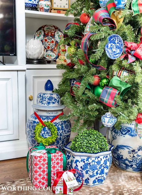 Blown Glass Christmas Tree, Christmas Diy With Ornaments, Christmas Chinoiserie Decor, Tartan Plaid Christmas Tree Ideas, Red Blue And Gold Christmas Tree, Chinoiserie And Tartan Christmas, Grandmillenial Christmas Decorations, Blue Red And Green Christmas, Christmas Open House Ideas