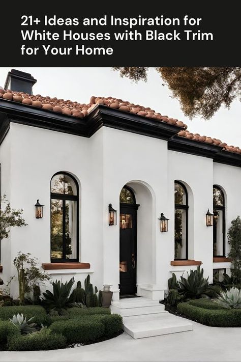 White Houses With Black Trim, White House With Black Trim, House With Black Trim, Spanish Style Home Exterior, White Exterior Houses, Mexico House, Stucco Homes, Spanish Style Home, التصميم الخارجي للمنزل