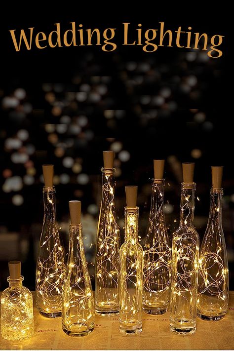 Wine Bottle Lights Wedding, Wine Bottles With Fairy Lights, Fairy Light Wedding Centerpieces, Twinkle Lights Wedding Decor, Vases With Lights, Wedding Bottle Decorations, Lights In Bottles, Bottle Centerpieces Wedding, Diy Party Bar