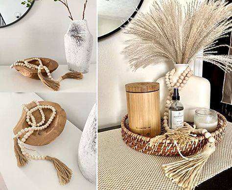 Boho Beads Decor, Boho Beads Home Decor, Decorative Beads In Tray, Boho Table Centerpieces For Home, Beaded Garland Decor Ideas, Wooden Bead Garland Decor, Decorate Tv Stand, Wood Beads Decor, Boho Shelf