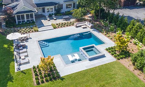 Rectangle Pool With Hot Tub And Tanning Ledge, Rectangular Inground Pool, 20x40 Pool, Gunite Pool Ideas, Modern Rectangle Pool, Outdoor Pool Area Ideas, Simple Backyard Pool Designs, Radiant Pool, Pool With Water Feature