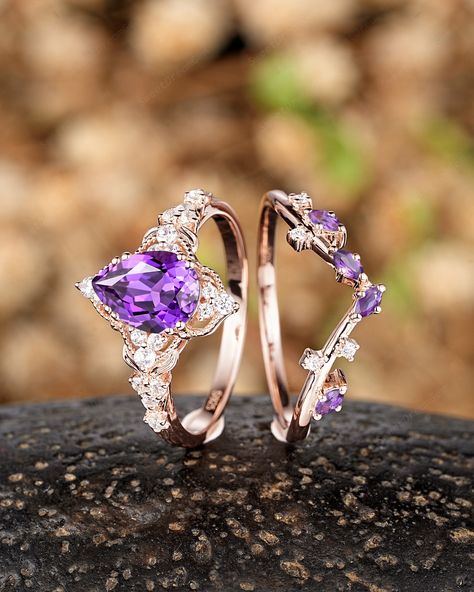 Amethyst Ring Set, Lavender Engagement Ring, Crystal Wedding Rings, Purple Wedding Rings, Fairytale Engagement Rings, Purple Diamond Ring, Matching Couple Rings, Shiny Rings, Leaf Engagement Ring