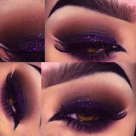 Fabulous dramatic purple smokey eye done by @abbigailbenavid also known on  Instagram as @makeupbyriceball Deep Purple Smokey Eye, Purple Masquerade Makeup, Royal Purple Makeup Looks, Black And Purple Wedding Aesthetic, Purple Siren Eyes Makeup, Purple And Black Eyeshadow Looks, Dark Purple Smokey Eye, Black Purple Makeup, Dramatic Purple Eye Makeup