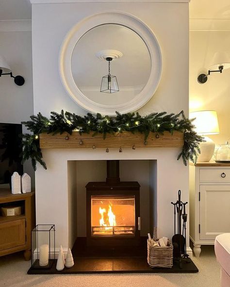 Christmas Log Burner Fireplace, Log Burner Christmas Decorations, Mirror Above Log Burner, Front Room Lighting Ideas, Log Stove Fireplace, Log Burner Fireplaces, Log Burner Dining Room, Log Burners In Living Room, Log Burner Fireplace Ideas