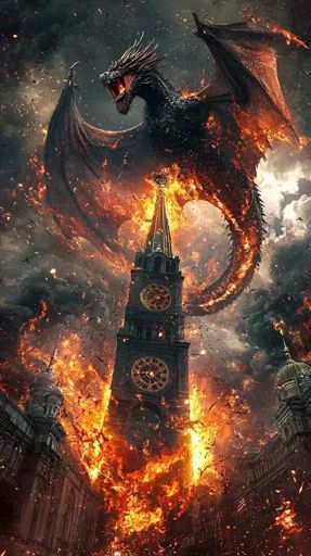 ↑↑↑ Larger size on website 🔸 A fiery dragon, with wings spread wide, soars above a city engulfed in flames. The dragon's tail wra Dragon With Wings, Fiery Dragon, Dragon Tail, Dragon City, In Flames, Clock Tower, Tower