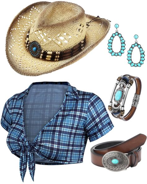 PRICES MAY VARY. Cowgirl Set of 5: the package contains a cowgirl costume set, including a plaid cowgirl costume T shirt, a cowboy hat, a buckle belt, a synthetic turquoise bracelet, a pair of pendant earrings, easy to match Comfy to Wear: our cowgirl outfits consist of accessories mainly made of alloy, woven straw hats and cotton garments, and the fabric is soft to feel, stretchable and comfortable Proper Size to Wear: the women cowgirl costume can suit women of most ages, and you can check the Cowgirl Costume Black Women, Western Outfits Black Women, Cowboy Costume Women's, Cowgirl Costume Women, Western Cowgirl Costume, Cowgirl Costume For Women, Cowgirl Costume Halloween, Wild West Costumes, Cowboy Halloween Costume