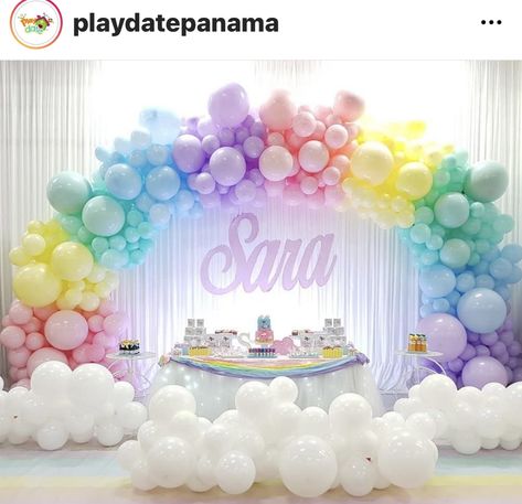 First Birthday Rainbow Theme Decoration, Unicorn Birthday Party Ideas Decoration Rainbow Theme, Unicorn Theme Decoration Ideas, Rainbow Birthday Balloons, Care Bears Balloon Decorations, Care Bear 2nd Birthday Party, Rainbow Theme Birthday Decorations, Care Bear Balloon Arch, Rainbow Theme 1st Birthday Party