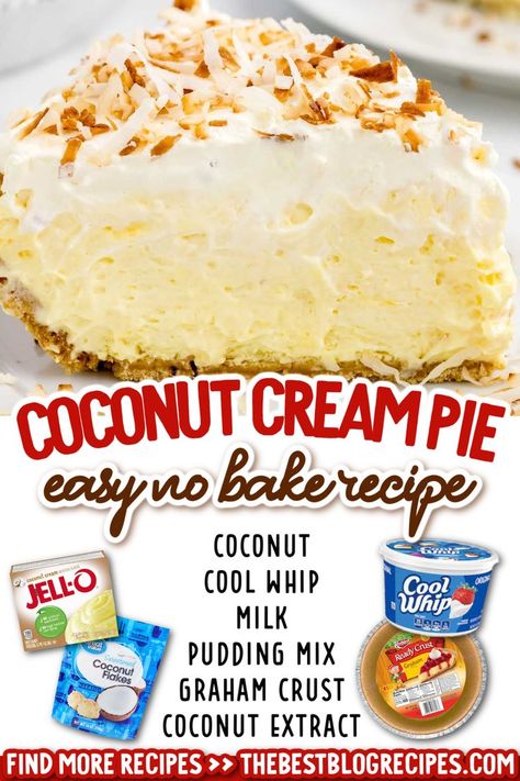 No Bake Coconut Cream Pie No Bake Coconut Cream Pie, Coconut Creme Pie, Coconut Cream Pie Easy, Best Coconut Cream Pie, Coconut Pie Recipe, Baking Nuts, Tropical Desserts, Coconut Cream Pie Recipes, Coconut Pudding